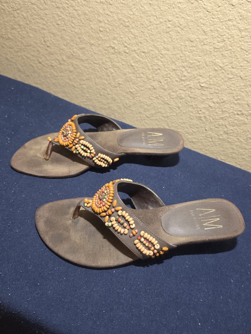 Ann Marino Brown Beaded Thong Sandals with Multicolor Accents - Picture 2 of 5